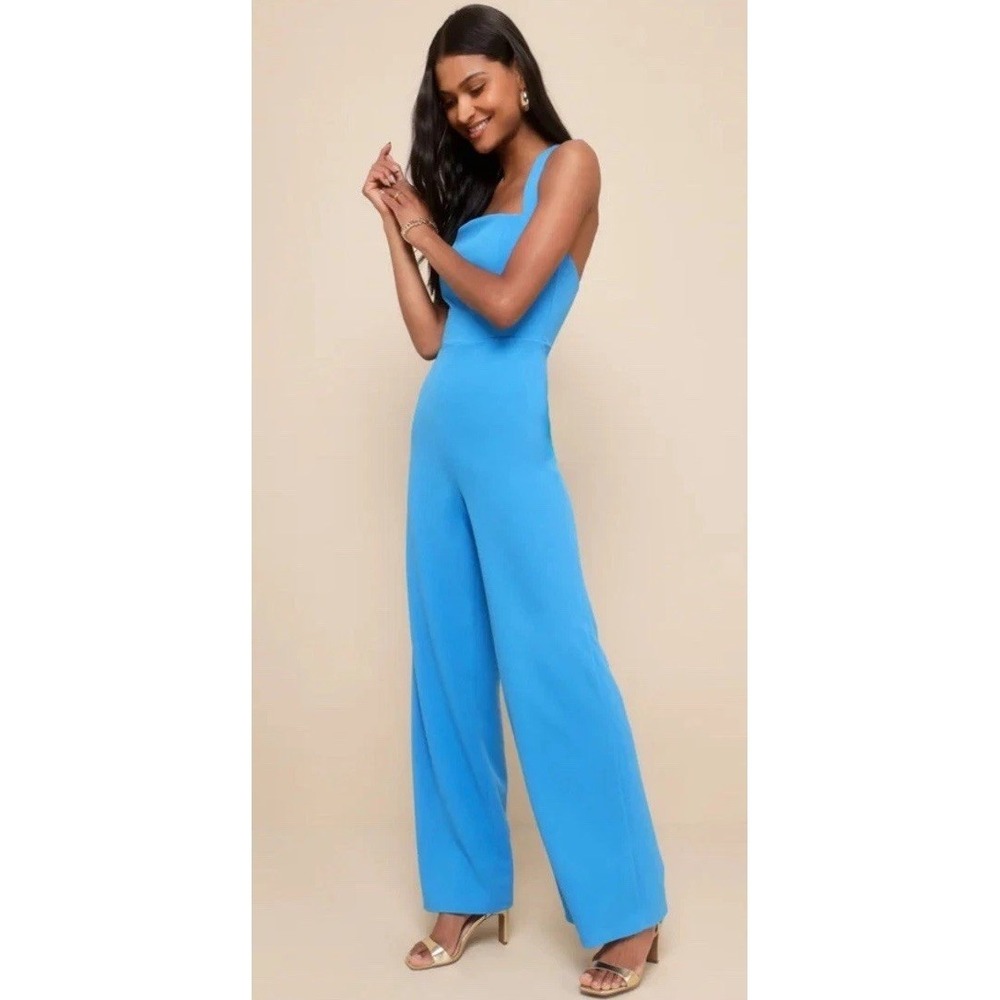 NWT Lulus Glamorous Dedication Blue Wide Leg Square Neck Jumpsuit Women's Small - Picture 4 of 13
